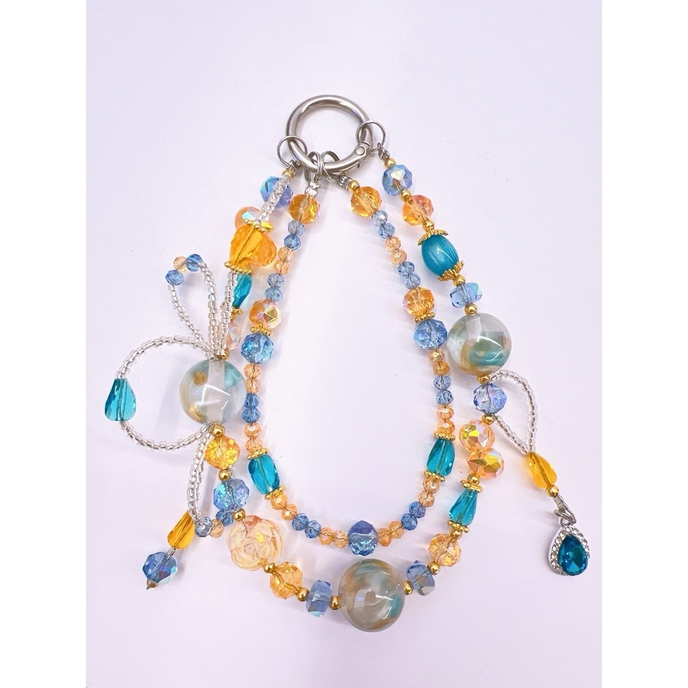 Beaded Phone & Bag Charm Keychain Purse Charm Orange Blue Flower Bead Bag Clip - Picture 2 of 4